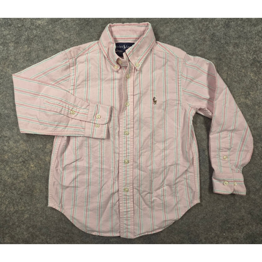 Ralph Lauren Boys Pink Striped Oxford Button Down Shirt Size 4 Pony Logo